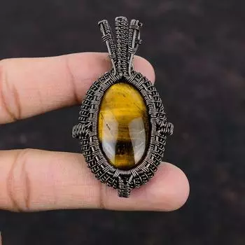 Подвеска из меди с тигровым глазом, драгоценный камень, обернутая проволокой, ювелирные изделия из медной проволоки, подвеска ручной работы, обернутая подвеска, ювелирные изделия из тигрового глаза для подарков