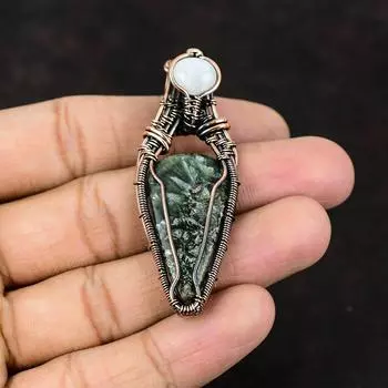 Подвеска из меди серафинит, подвеска из медной проволоки, дизайнерские украшения из драгоценных камней, подвеска из радужного лунного камня, ювелирные изделия ручной работы, подарок другу