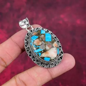 Подвеска из медного колючего устричного камня ручной работы, 925 пробы, серебряная подвеска, уникальный дизайн, ювелирное изделие для женщин 2.20 Inches синий