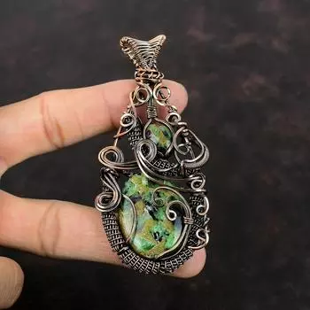 Подвеска из медного рубина и цоизита, подвеска из медной проволоки, подвеска ручной работы, медные украшения, уникальный кулон, настоящие драгоценные камни, подарок для мамы