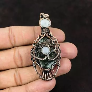 Подвеска из медного серафинита от сглаза, подвеска из медной проволоки, элегантное ювелирное изделие, подвеска из радужного лунного камня, подвеска ручной работы, подарок для матери