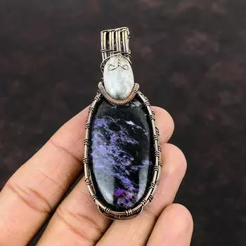 Подвеска из медной проволоки чароита, подвеска из радужного лунного камня, подвеска ручной работы, ювелирное изделие из драгоценных камней, подарок для мамы, уникальное ювелирное изделие из меди