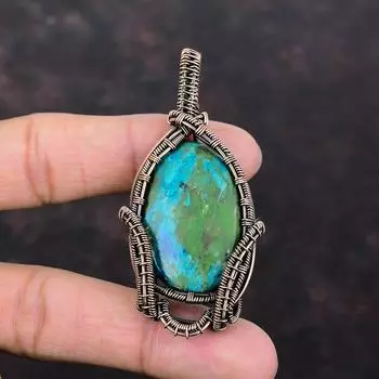 Подвеска из медной проволоки из хризоколлы, дизайнерские украшения ручной работы, подвеска из драгоценного камня, подарки для мамы, ювелирные изделия из хризоколлы, целебный камень