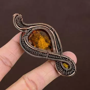 Подвеска из медной проволоки из натурального балтийского янтаря, тигровый глаз ручной работы, длина 3,35 дюйма, C7f75
