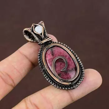 Подвеска из медной проволоки из натурального родонита и лунного камня ручной работы 2,36 дюйма F6S55
