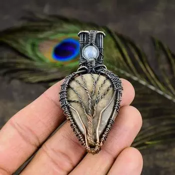 Подвеска из медной проволоки из натурального дерева, яшмы и лунного камня, 2,88 дюйма, P4Q77