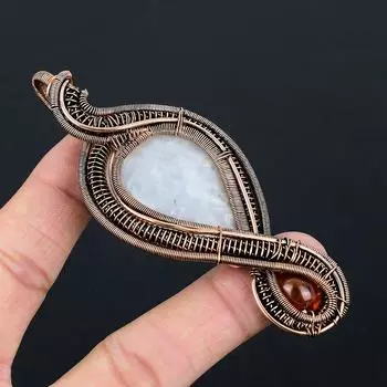 Подвеска из медной проволоки из натурального радужного лунного камня и янтаря ручной работы 3,74 n6Y23