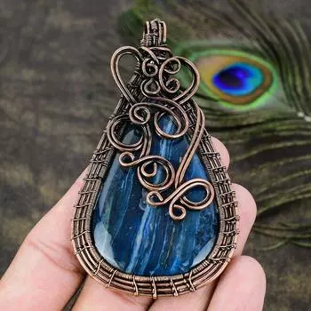 Подвеска из медной проволоки из натурального синего дендритного камня ручной работы 3,62 Y0y94