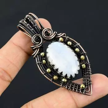 Подвеска из медной проволоки из натурального радужного лунного камня ручной работы 2,76 дюйма P3R20