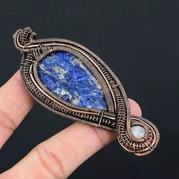 Подвеска из медной проволоки из натурального содалита, камня розового кварца ручной работы 3,74 F2L27