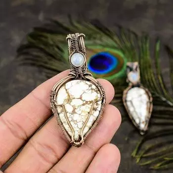 Подвеска из медной проволоки из натуральной дикой лошади и лунного камня, 2,92 дюйма, A7y61