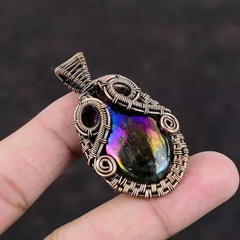 Подвеска из медной проволоки Mystic Fire, лабрадорит, драгоценный камень, кулон ручной работы, медный ювелирный подарок для него, потрясающие ювелирные изделия из проволочной обмотки