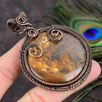 Подвеска из медной проволоки ручной работы из натуральной грязевой трещины ископаемого драгоценного камня 3,11 M6Y38
