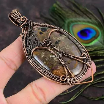 Подвеска из медной проволоки ручной работы из натуральной грязевой трещины ископаемого драгоценного камня 3,94 U0S99