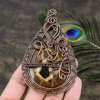 Подвеска из медной проволоки ручной работы из натуральной грязевой трещины ископаемого драгоценного камня 3,82 W1N24