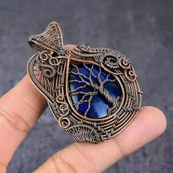 Подвеска из медной проволоки ручной работы из натурального лазурита «Древо жизни» 2,64 дюйма E7z32