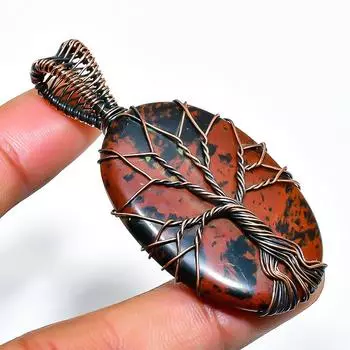 Подвеска из медной проволоки ручной работы из драгоценного камня красного дерева и обсидиана 2,36 дюйма 2.36 коричневый