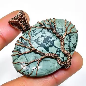 Подвеска из медной проволоки ручной работы из драгоценного камня яшмы Камбаба 1,77 дюйма 1.77 зелёный