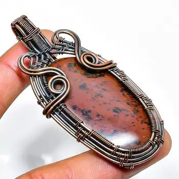 Подвеска из медной проволоки ручной работы из драгоценного камня красного дерева и обсидиана 2,76 дюйма 2.76 коричневый