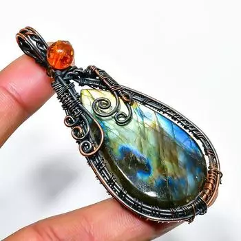 Подвеска из медной проволоки ручной работы с лабрадоритом и янтарем 2,76 дюйма 2.76 чёрный