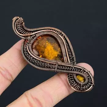 Подвеска из медной проволоки ручной работы с натуральным балтийским янтарем и тигровым глазом 3,35 r4B36