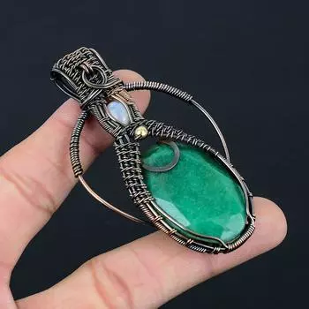 Подвеска из медной проволоки ручной работы с изумрудом и лунным камнем, созданная в лаборатории, для женщин 3.15 Inches зелёный