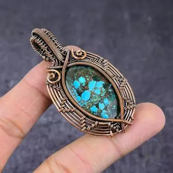 Подвеска из медной проволоки ручной работы с натуральным тибетским бирюзовым камнем длиной 2,6 дюйма L9j42
