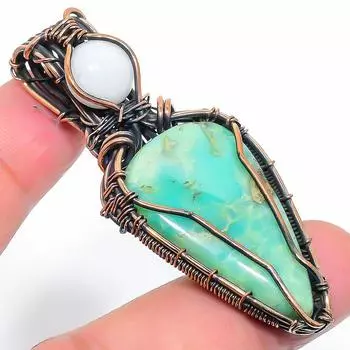 Подвеска из медной проволоки ручной работы с натуральным драгоценным камнем хризопраз 2,44 дюйма W6U54