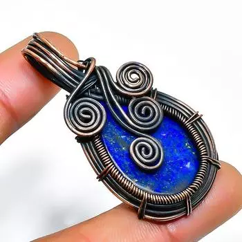 Подвеска из медной проволоки ручной работы с драгоценным камнем лазурит 1,77 дюйма 1.77 синий