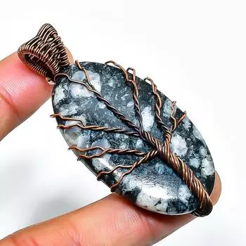 Подвеска из медной проволоки ручной работы с драгоценным камнем «Зебра Джаспер» 2,56 дюйма 2.56 чёрный