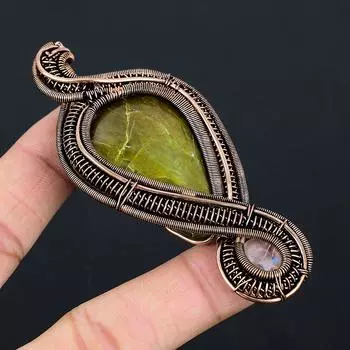 Подвеска из медной проволоки ручной работы с натуральным зеленым опалом и розовым кварцем 3,54 J6V26