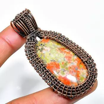 Подвеска из медной проволоки ручной работы с драгоценным камнем унакит 2,56 дюйма 2.56 зелёный