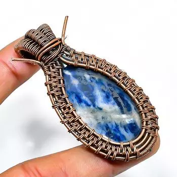 Подвеска из медной проволоки ручной работы с драгоценным камнем содалитом 2,36 дюйма 2.36 синий