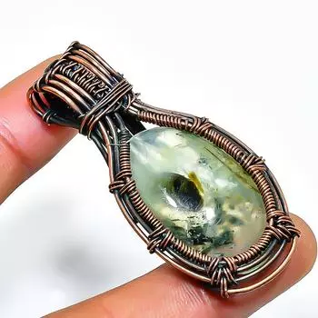 Подвеска из медной проволоки ручной работы с драгоценным камнем пренит 2,17 дюйма 2.17 зелёный