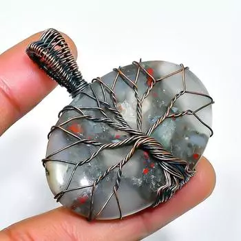 Подвеска из медной проволоки ручной работы с драгоценным камнем-кровавым камнем 1,97 дюйма 1.97 зелёный