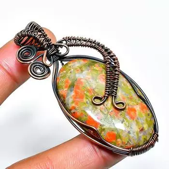 Подвеска из медной проволоки ручной работы с драгоценным камнем унакит 2,56 дюйма 2.56 зелёный