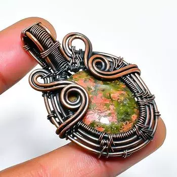 Подвеска из медной проволоки ручной работы с драгоценным камнем унакит 1,97 дюйма 1.97 зелёный