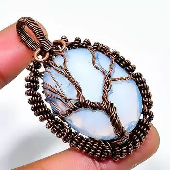 Подвеска из медной проволоки ручной работы с драгоценным камнем молочного опала 2,17 дюйма 2.17 белый