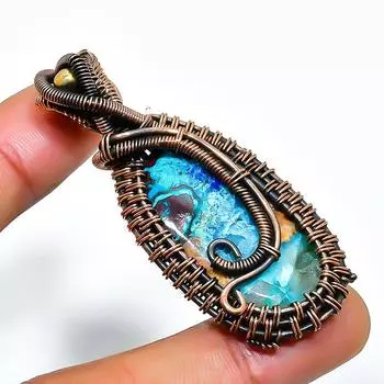 Подвеска из медной проволоки ручной работы с драгоценным камнем хризоколла 1,97 дюйма 1.97 синий