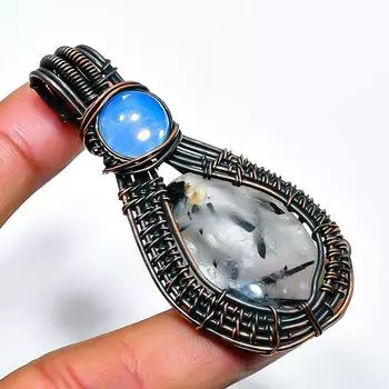 Подвеска из медной проволоки ручной работы с черным рутилом и опалом, 2,56 дюйма 2.56 чёрный