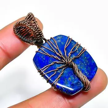 Подвеска из медной проволоки ручной работы с драгоценным камнем лазурит 1,77 дюйма 1.77 синий