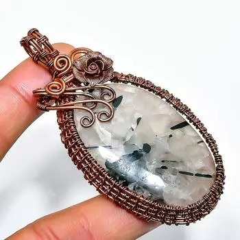 Подвеска из медной проволоки ручной работы с черным рутиловым драгоценным камнем 2,88 дюйма 2.88 чёрный