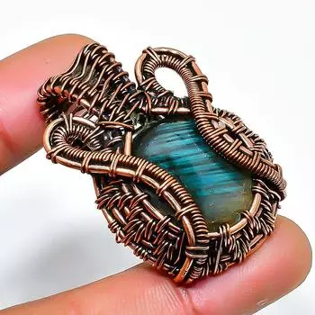 Подвеска из медной проволоки ручной работы с драгоценным камнем лабрадоритом 1,58 дюйма 1.58 чёрный