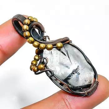 Подвеска из медной проволоки ручной работы с черным рутиловым драгоценным камнем 1,97 дюйма 1.97 чёрный