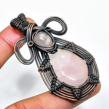 Подвеска из медной проволоки ручной работы с драгоценным камнем розового кварца 2,56 дюйма 2.56 розовый