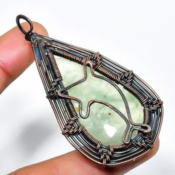 Подвеска из медной проволоки ручной работы с драгоценным камнем моховым пренитом 2,56 дюйма 2.56 зелёный