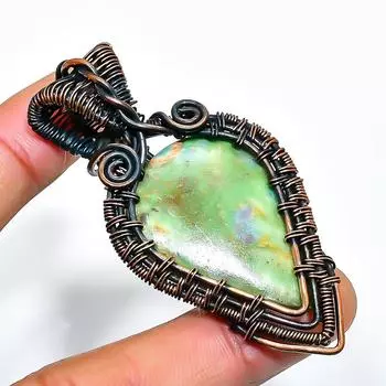 Подвеска из медной проволоки ручной работы с драгоценным камнем хризопраз 2,36 дюйма 2.36 зелёный