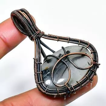 Подвеска из медной проволоки ручной работы с черным рутиловым драгоценным камнем 2,09 дюйма 2.09 чёрный