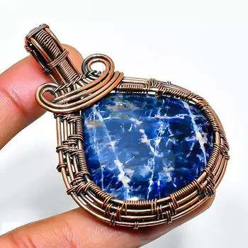 Подвеска из медной проволоки ручной работы с драгоценным камнем содалитом 2,36 дюйма 2.36 синий
