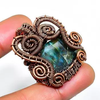 Подвеска из медной проволоки ручной работы с драгоценным камнем лабрадоритом 1,38 дюйма 1.38 чёрный